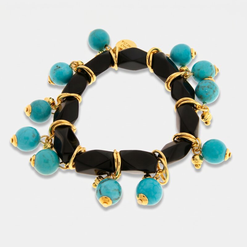 Bracciale in Metallo giro di cristalli neri con sfere turchesi pendenti - BYSIMON gioielli