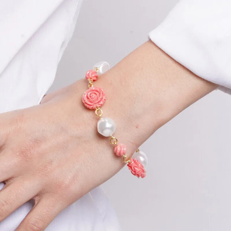 Coral flower metal bracelet with pearls