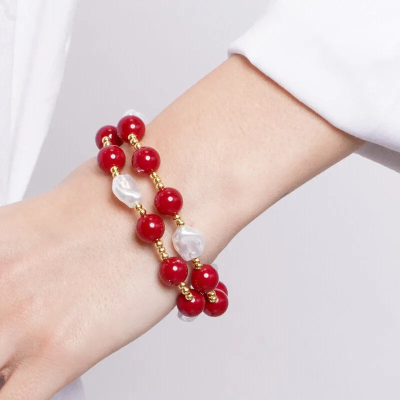 Double Metal Bracelet with Red and White Beads