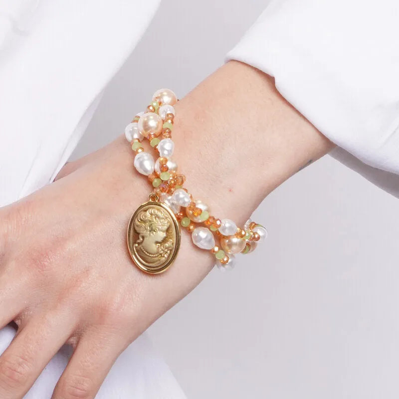 Double Metal Bracelet with Pearls and Cameo