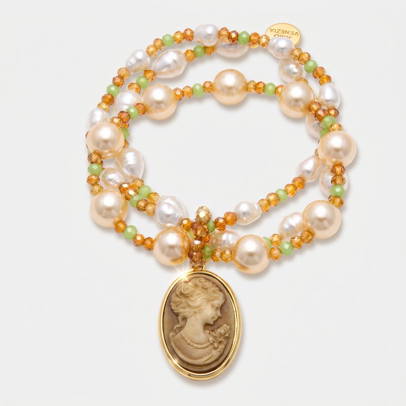 Bracciale in Metallo doppio con perle e cammeo - BYSIMON gioielli