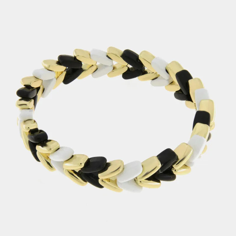 Bracciale in Metallo elastico con maglie intrecciate bianche, nere e oro