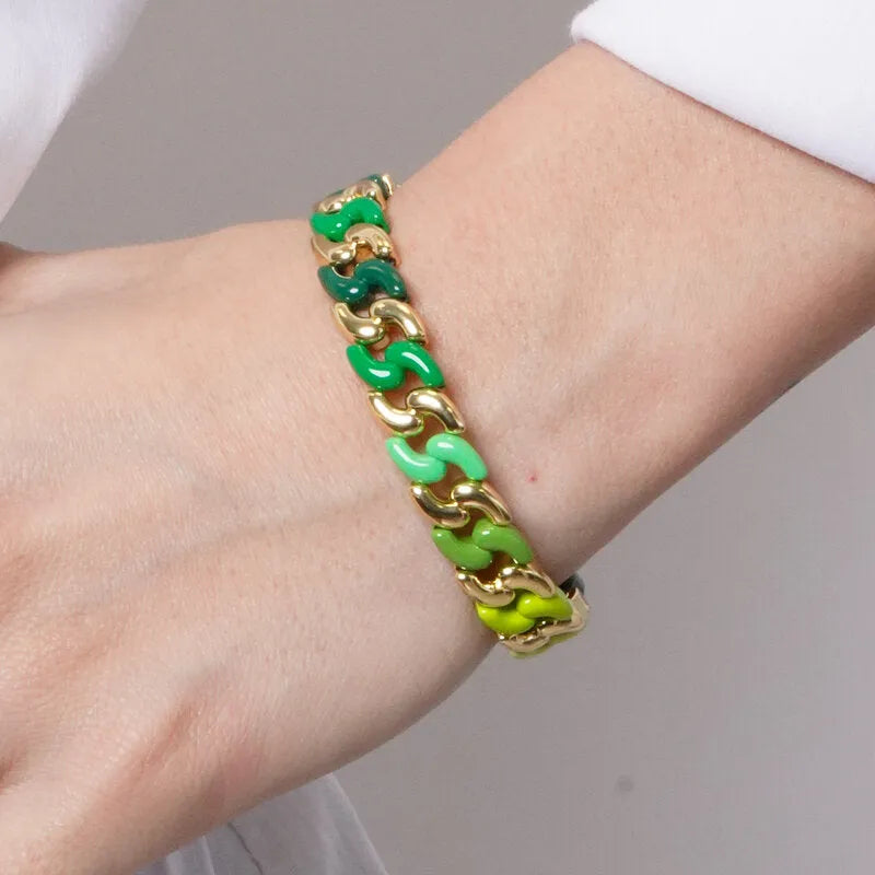 Bracciale in Metallo elastico con maglie ondulate verdi e oro