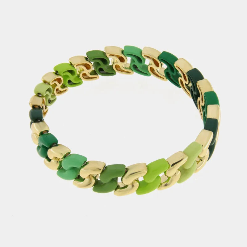 Bracciale in Metallo elastico con maglie ondulate verdi e oro
