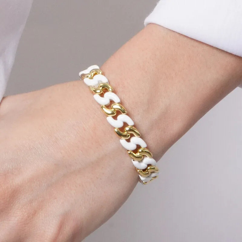 Bracciale in Metallo elastico con maglie ondulate bianche e oro