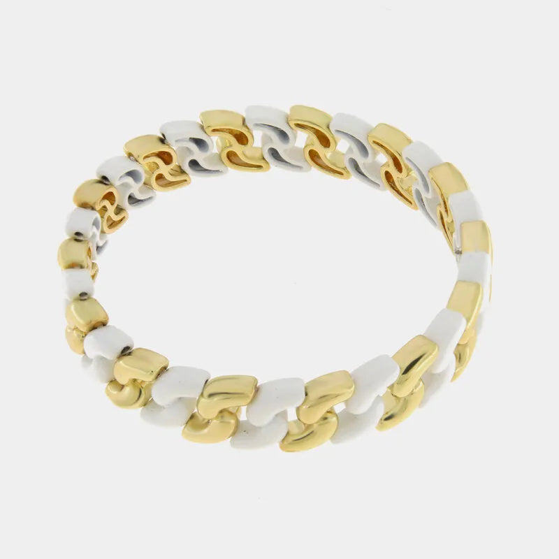 Bracciale in Metallo elastico con maglie ondulate bianche e oro