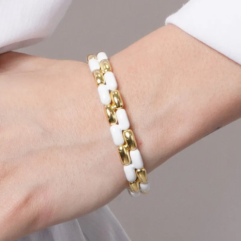 Bracciale in Metallo elastico con maglie lisce bianche e oro