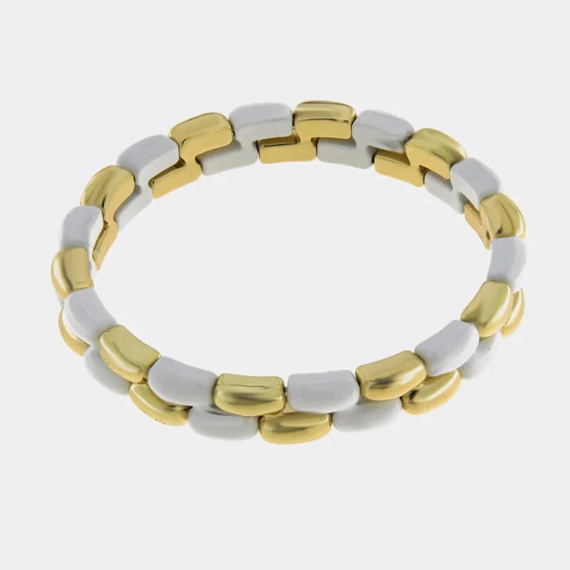 Bracciale in Metallo elastico con maglie lisce bianche e oro