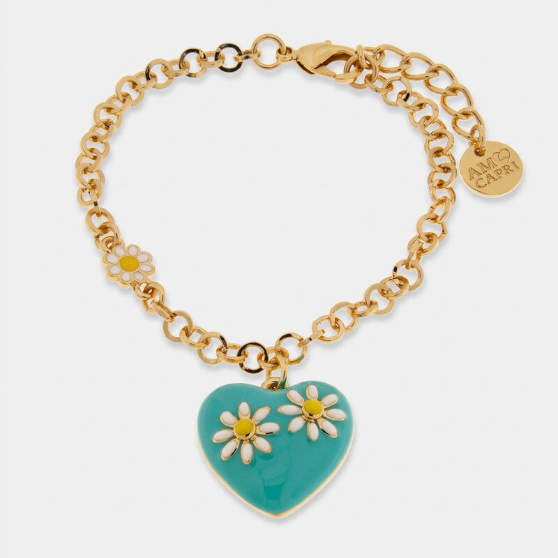 Bracciale in Metallo catena dorata cuore turchese margherite bianche charm Capri