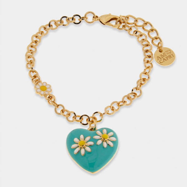 Bracciale in Metallo catena dorata cuore turchese margherite bianche charm Capri