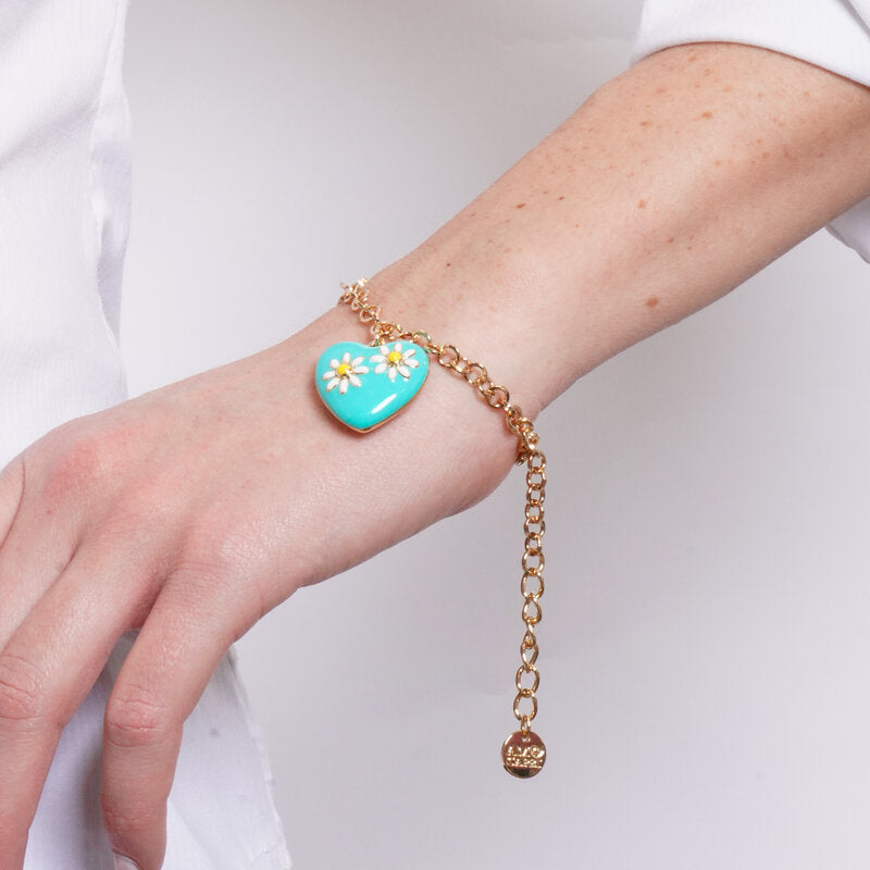 Bracciale in Metallo catena dorata cuore turchese margherite bianche charm Capri