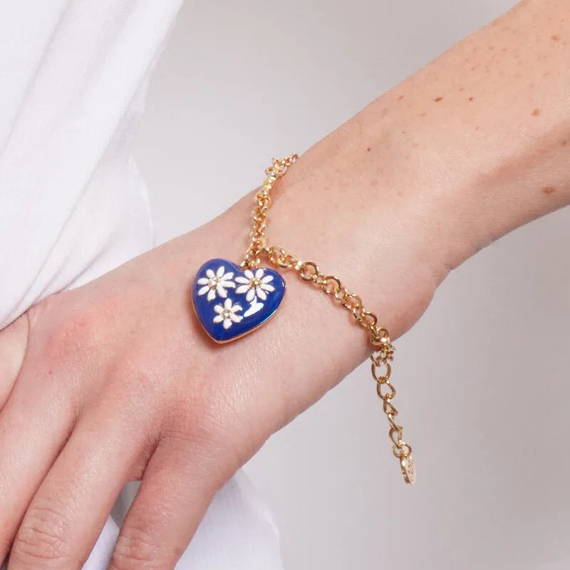 Bracciale in Metallo catena dorata cuore blu navy margherite bianche charm Capri