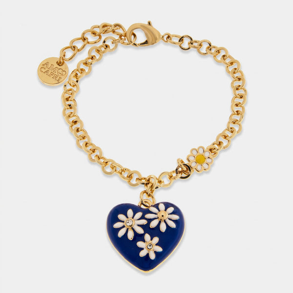 Bracciale in Metallo catena dorata cuore blu navy margherite bianche charm Capri