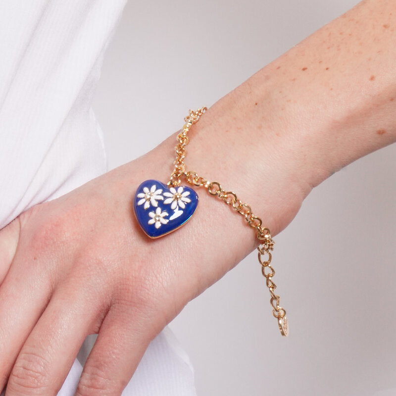 Bracciale in Metallo catena dorata cuore blu navy margherite bianche charm Capri
