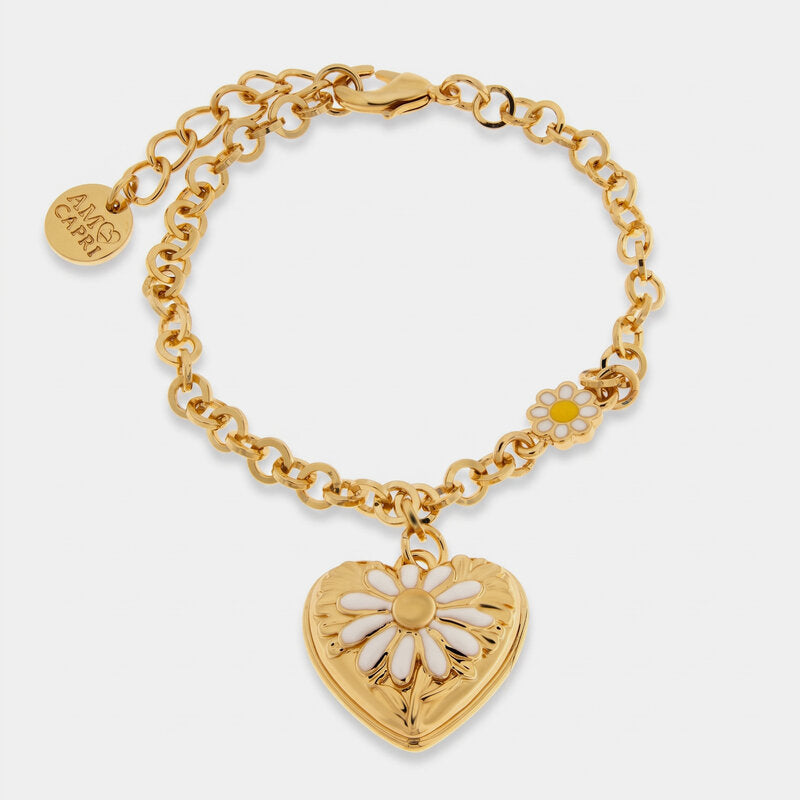 Bracciale in Metallo catena dorata cuore rilievo floreale margherita bianca Capri