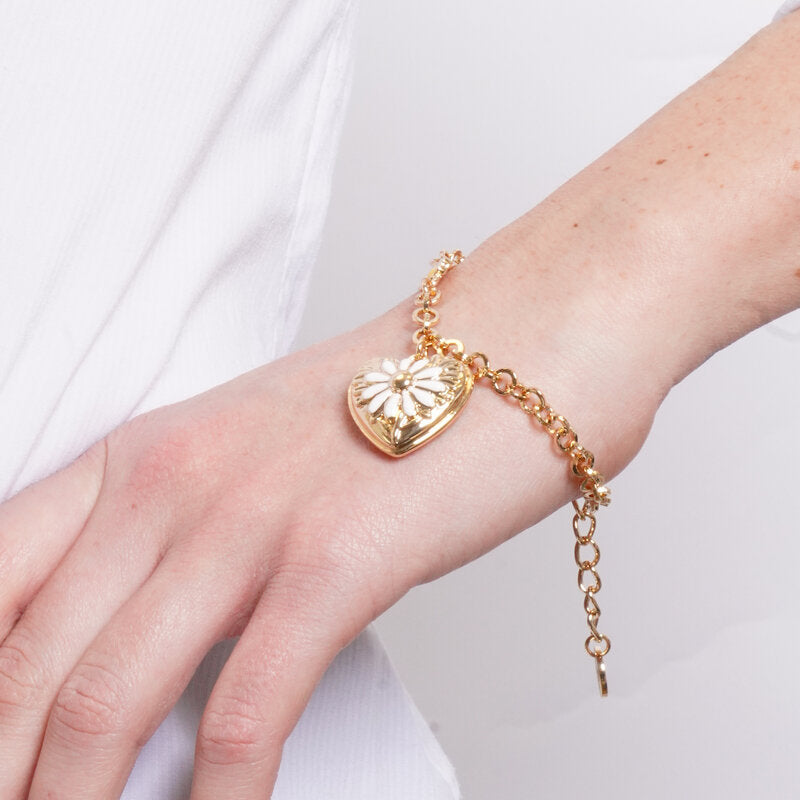 Bracciale in Metallo catena dorata cuore rilievo floreale margherita bianca Capri