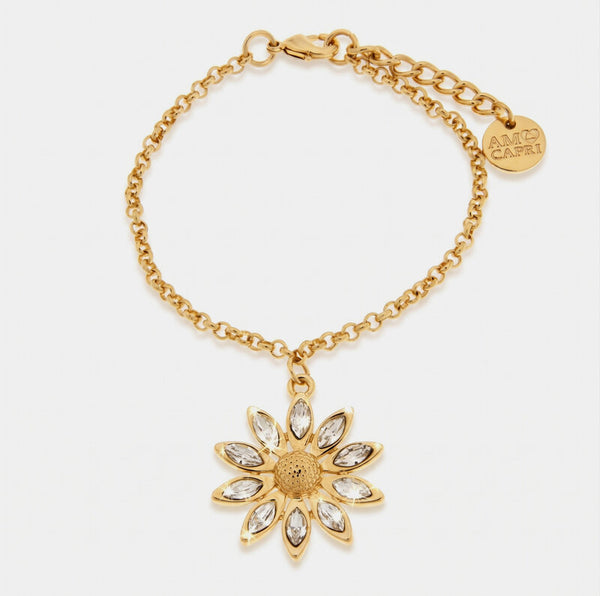 Bracciale in Metallo catena dorata sottile fiore cristalli pendente charm Capri