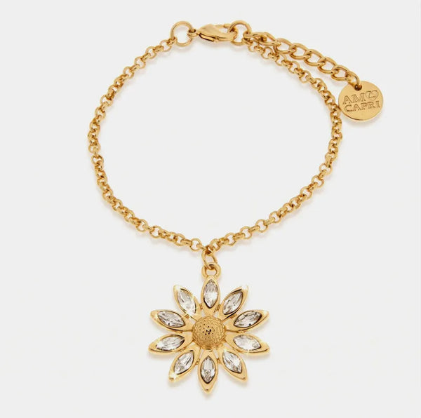 Bracciale in Metallo catena dorata sottile fiore cristalli pendente charm Capri