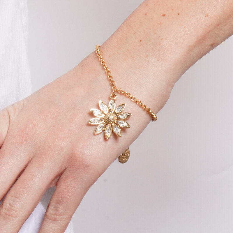 Bracciale in Metallo catena dorata sottile fiore cristalli pendente charm Capri