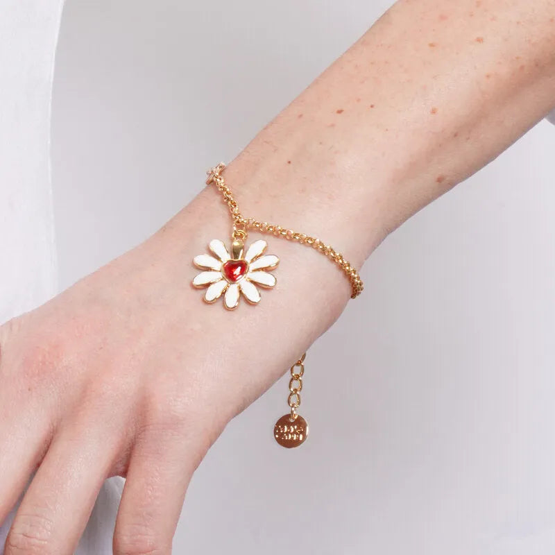 Bracciale in Metallo catena dorata margherita bianca cuore rosso cristallo charm Capri