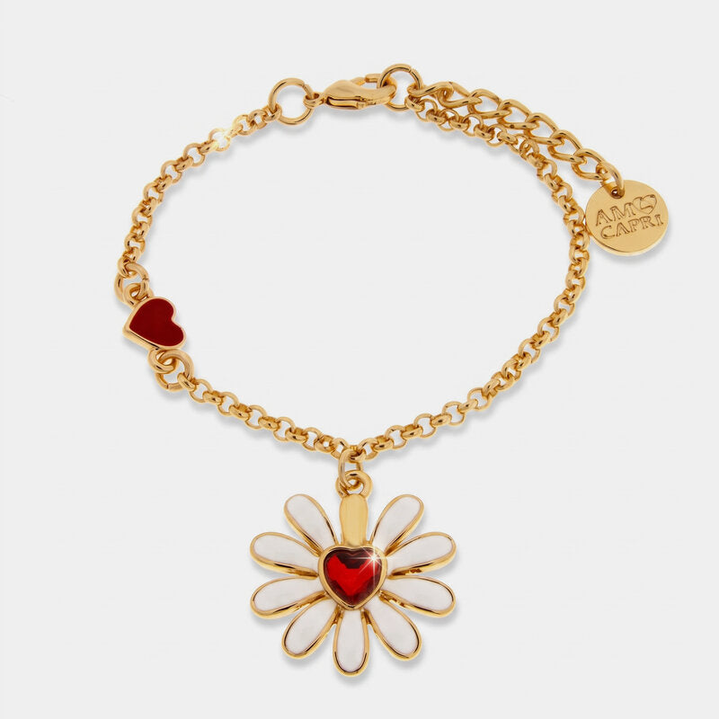 Bracciale in Metallo catena dorata margherita bianca cuore rosso cristallo charm Capri