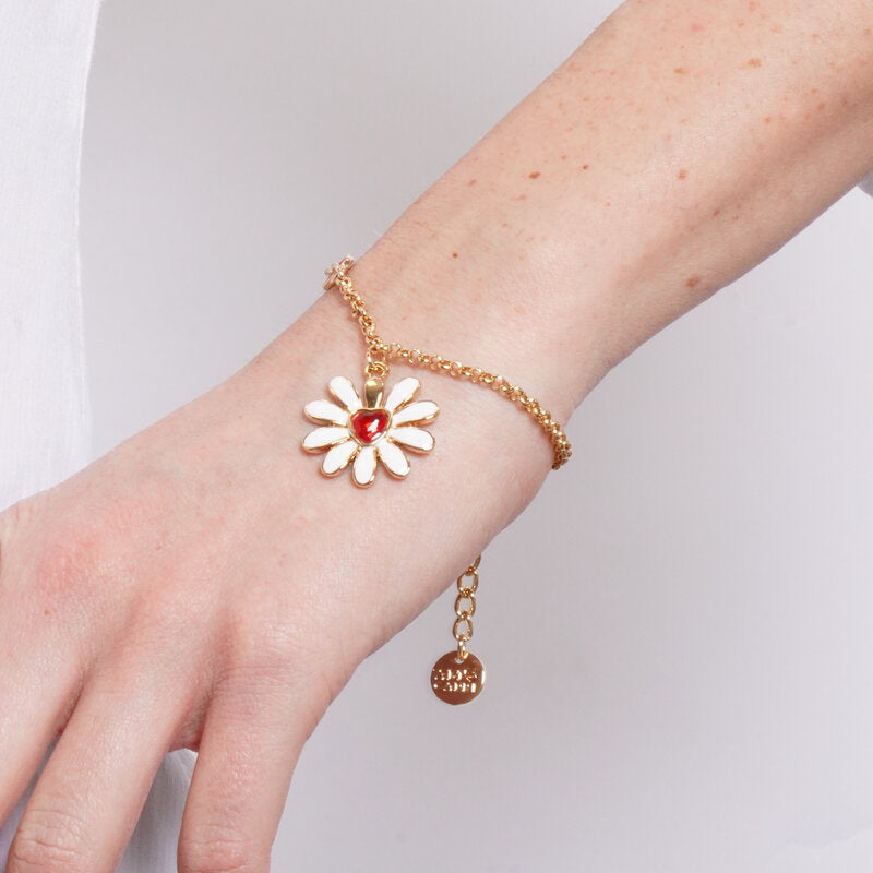 Bracciale in Metallo catena dorata margherita bianca cuore rosso cristallo charm Capri