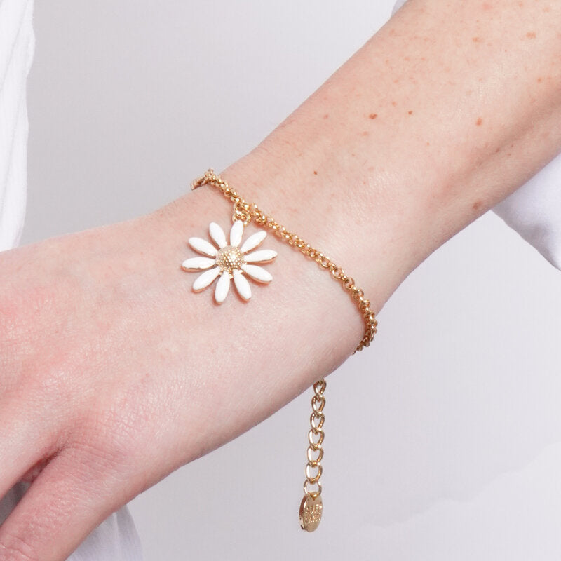 Bracciale in Metallo catena dorata cerchi margherita bianca centro dorato charm Capri