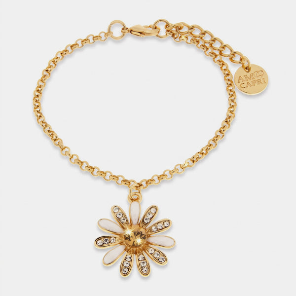 Bracciale in Metallo catena dorata margherita petali alternati bianco cristalli Capri