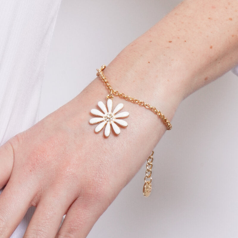 Bracciale in Metallo catena dorata margherita bianca centro cristalli charm Capri