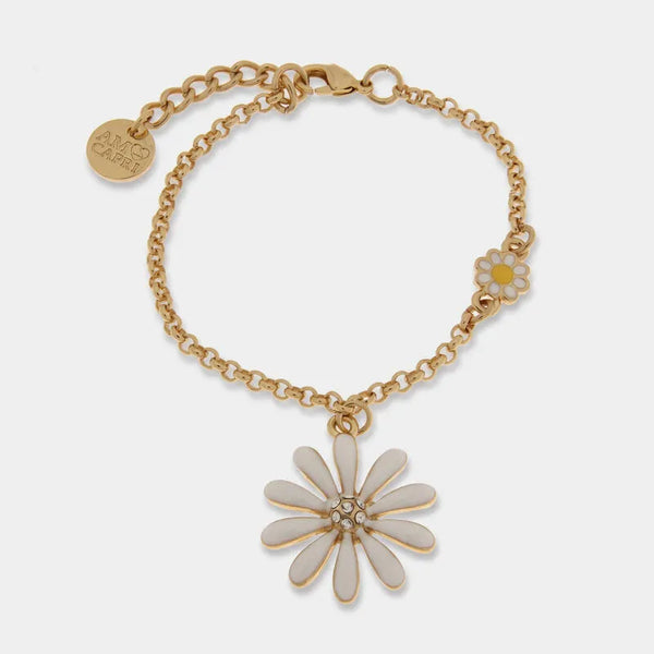 Bracciale in Metallo catena dorata margherita smaltata bianca grande pendente Capri