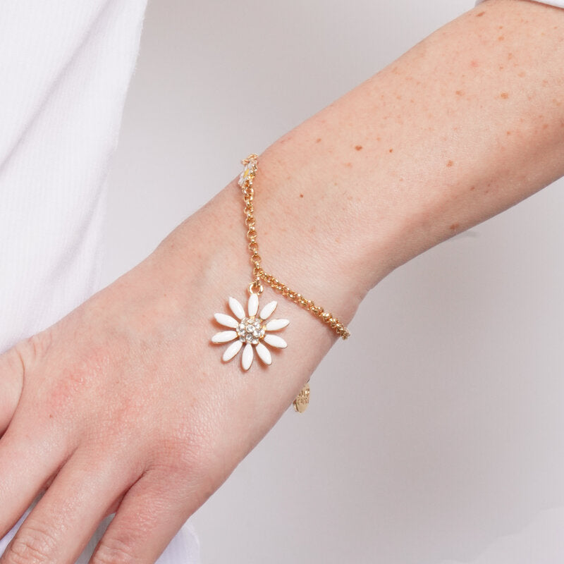 Bracciale in Metallo catena dorata margherita smaltata bianca grande pendente Capri