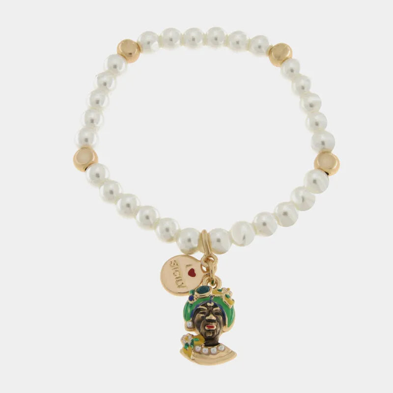 Bracciale in Metallo elastico sfere bianche e testa di moro