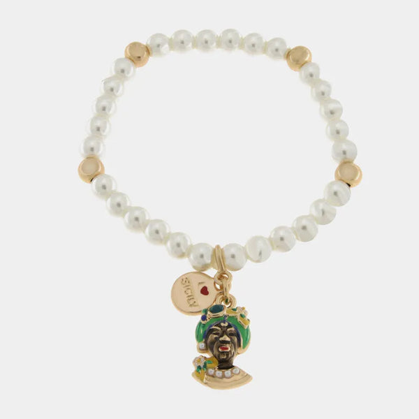 Bracciale sfere bianche con testa di moro siciliana | gioielli di Sicilia | BYSIMON