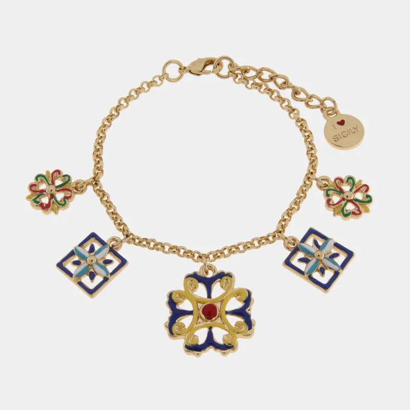 Bracciale in Metallo con ciondoli maioliche siciliane smaltate SICILY - gioiello BySimon