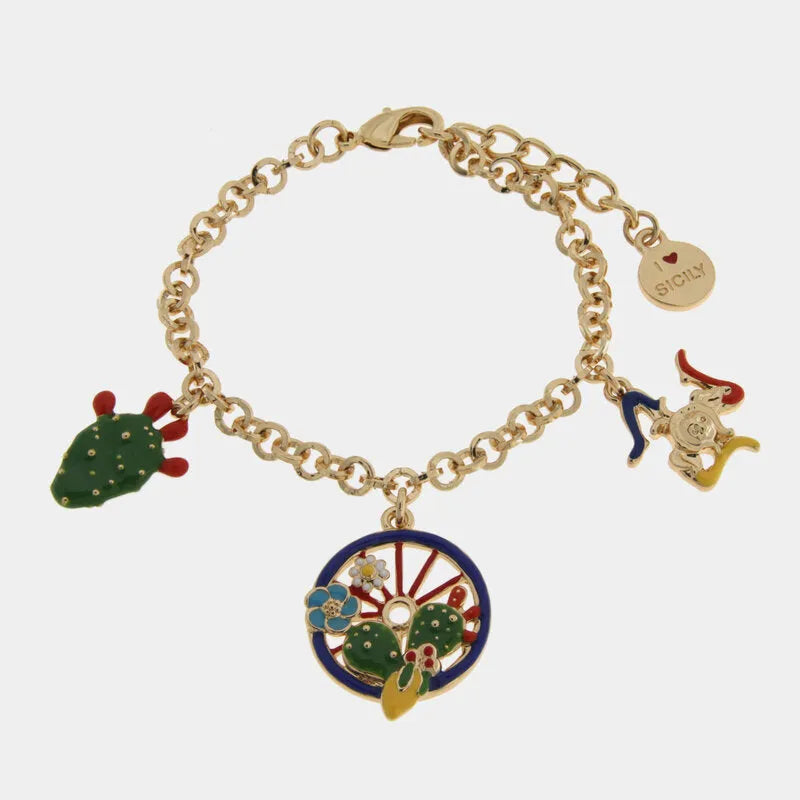 Bracciale in Metallo con ciondoli pendenti, ruota di carro, Trinacria e fico d'india SICILY - gioiello BySimon