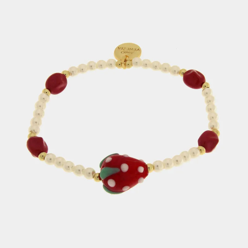Elastic metal bracelet with red and white Murano Stone beads and red strawberry