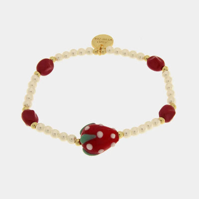 Bracciale in Metallo elastico con Art Glass Stone perle rosse e bianche e fragola rossa