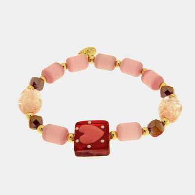 Bracciale in Metallo elastico con Vetro Murano pietre rosa e rosse con cuore rosso