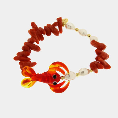 Bracciale in Metallo elastico con Art Glass pesce rosso e pietre rosse e bianche