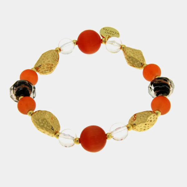 Bracciale in Metallo elastico con Art Glass pietre arancioni, dorate e nere - BYSIMON gioielli