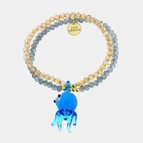 Bracciale in Metallo elastico multifilo con Vetro Murano ciondolo polpo blu AMOVENEZIA - gioiello BySimon