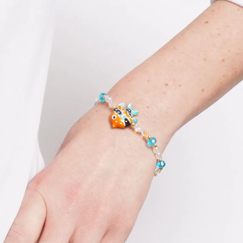 Bracciale in Metallo elastico con Murano Stone pietre azzurre e pesce tropicale AMOVENEZIA - gioiello BySimon