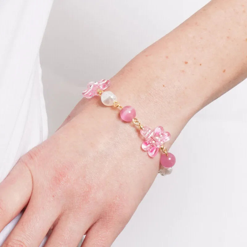 Metal Bracelet with Pink Dragonfly Murano Stone and White and Pink Stones