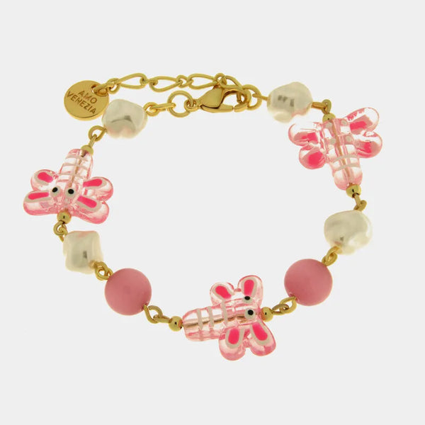 Bracciale in Metallo con Art Glass Stone libellule rosa e pietre bianche e rosa - BYSIMON gioielli