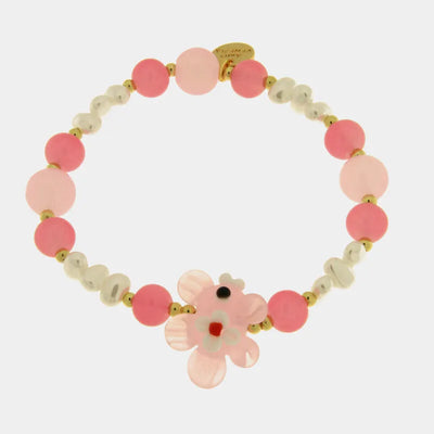 Bracciale in Metallo elastico con Art Glass Stone pesce rosa e pietre bianche e rosa