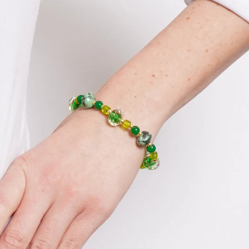 Bracciale in Metallo elastico con Murano Stone pietre verdi