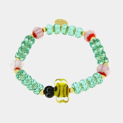 Bracciale in Metallo elastico con Art Glass Stone pietre verde chiaro e ape