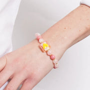 Bracciale in Metallo elastico con Murano Stone pietre rosa e cuore giallo