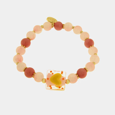 Bracciale in Metallo elastico con Art Glass Stone pietre rosa e cuore giallo