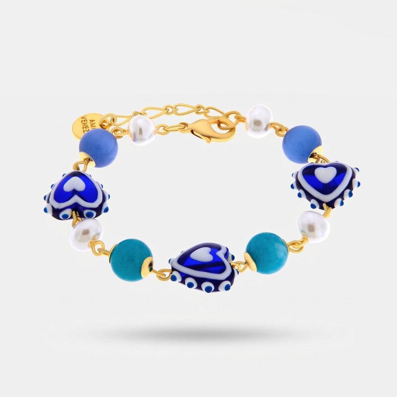 Bracciale in Metallo con Art Glass Stone pietre bianche e cuore blu - BYSIMON gioielli